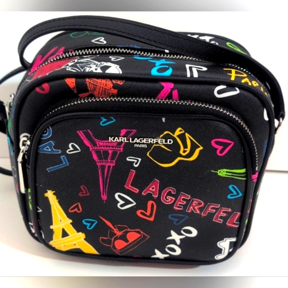 Karl Lagerfeld Pink and Black Crossbody Bag with Colorful Graphics NWOT